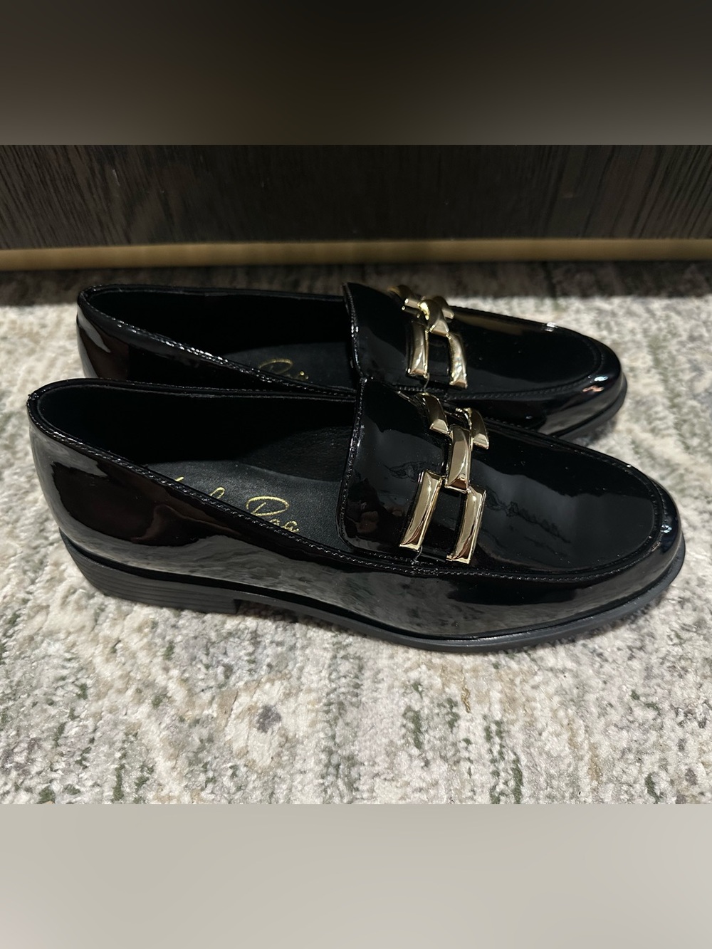 Women's Black Patent Loafers with Gold Chain Accent